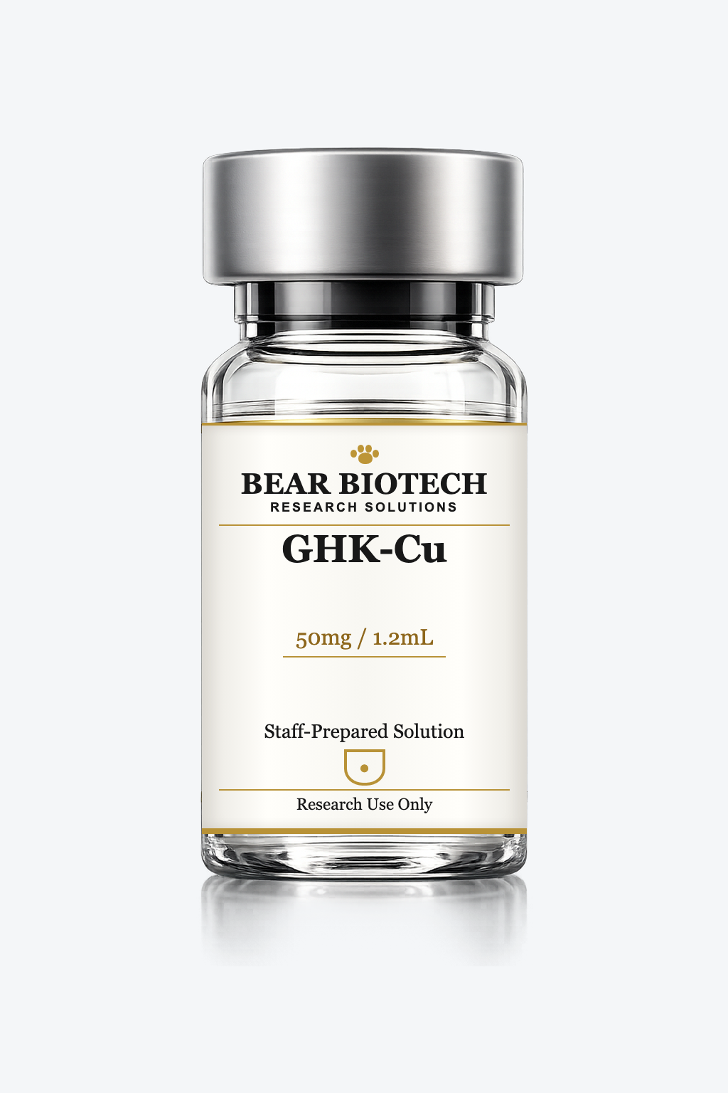 GHK-Cu 50mg/1.2mL staff-prepared solution · prepared by trained staff under documented, controlled laboratory conditions · bacteriostatic water included · process-dated research vial