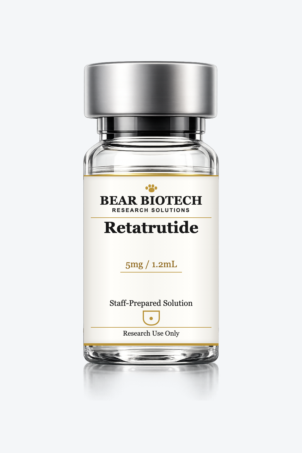 Retatrutide 5mg/1.2mL staff-prepared solution · prepared by trained staff under documented, controlled laboratory conditions · bacteriostatic water included · process-dated research vial
