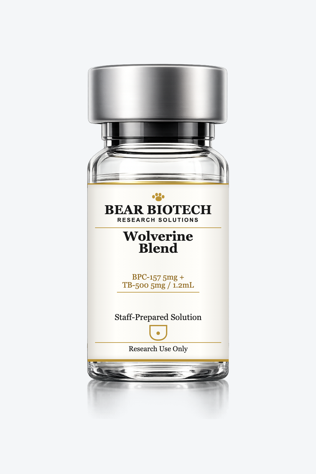 Wolverine Blend (BPC-157 + TB-500) 10mg/1.2mL staff-prepared solution · BPC-157 5mg + TB-500 5mg · prepared by trained staff under documented, controlled laboratory conditions · bacteriostatic water included · process-dated research vial