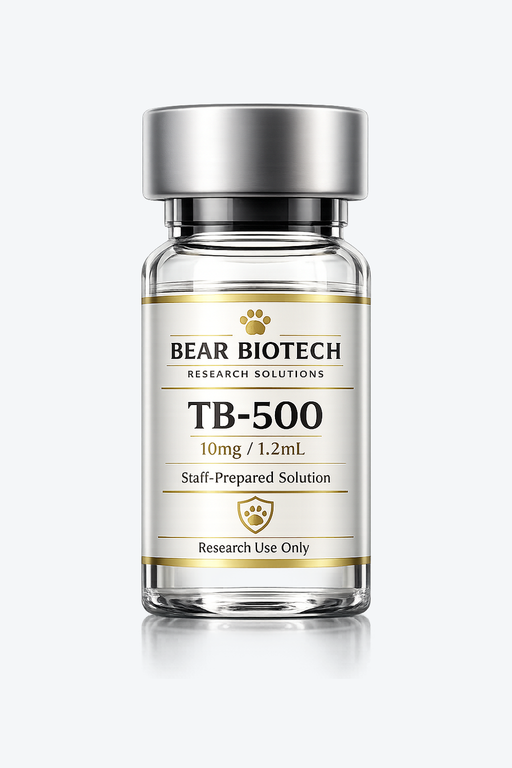 TB-500 10mg/1.2mL staff-prepared solution · prepared by trained staff under documented, controlled laboratory conditions · bacteriostatic water included · process-dated research vial