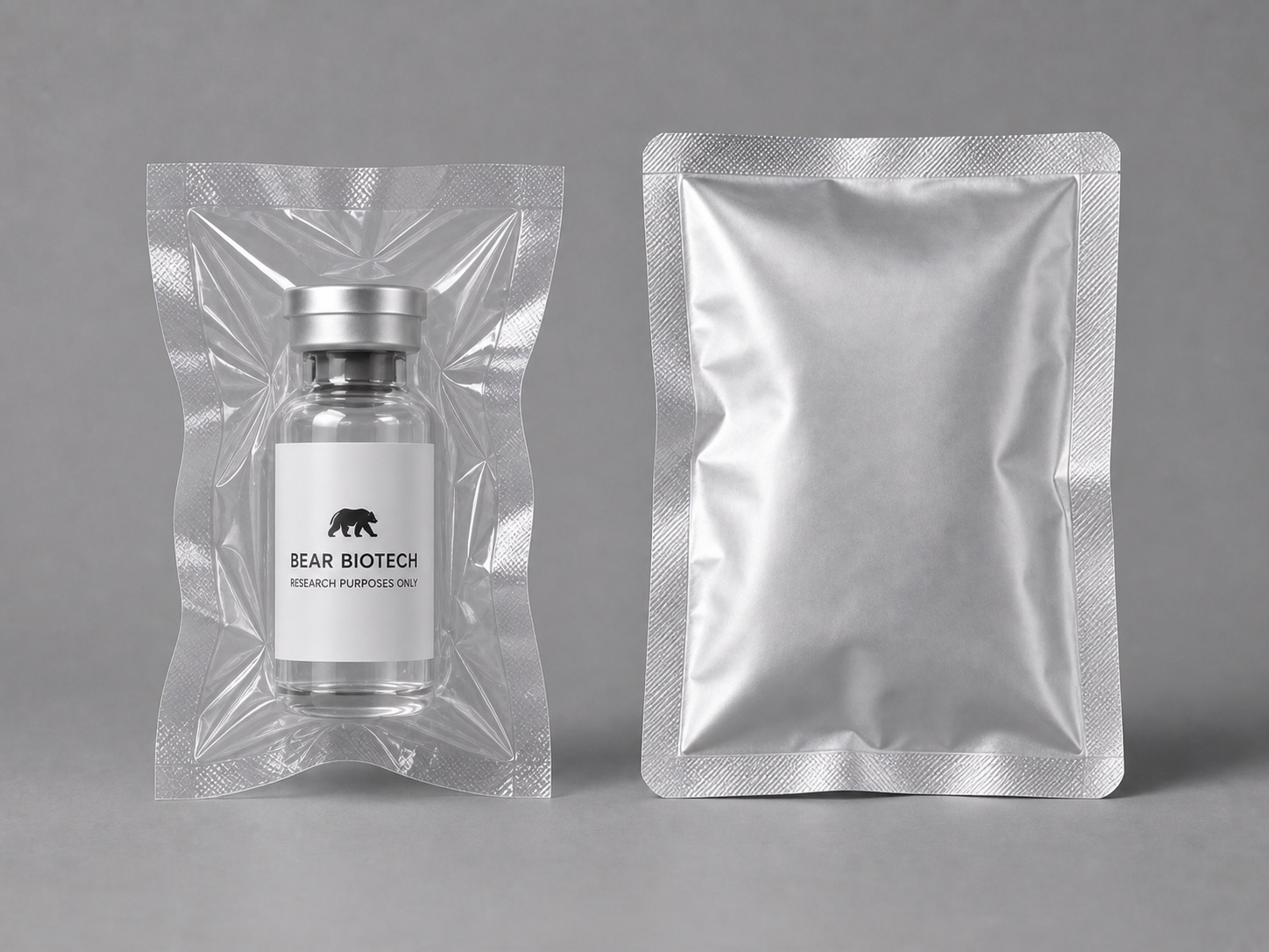 Representative Bear Biotech research vial sealed in a protective sleeve beside a silver transport pouch